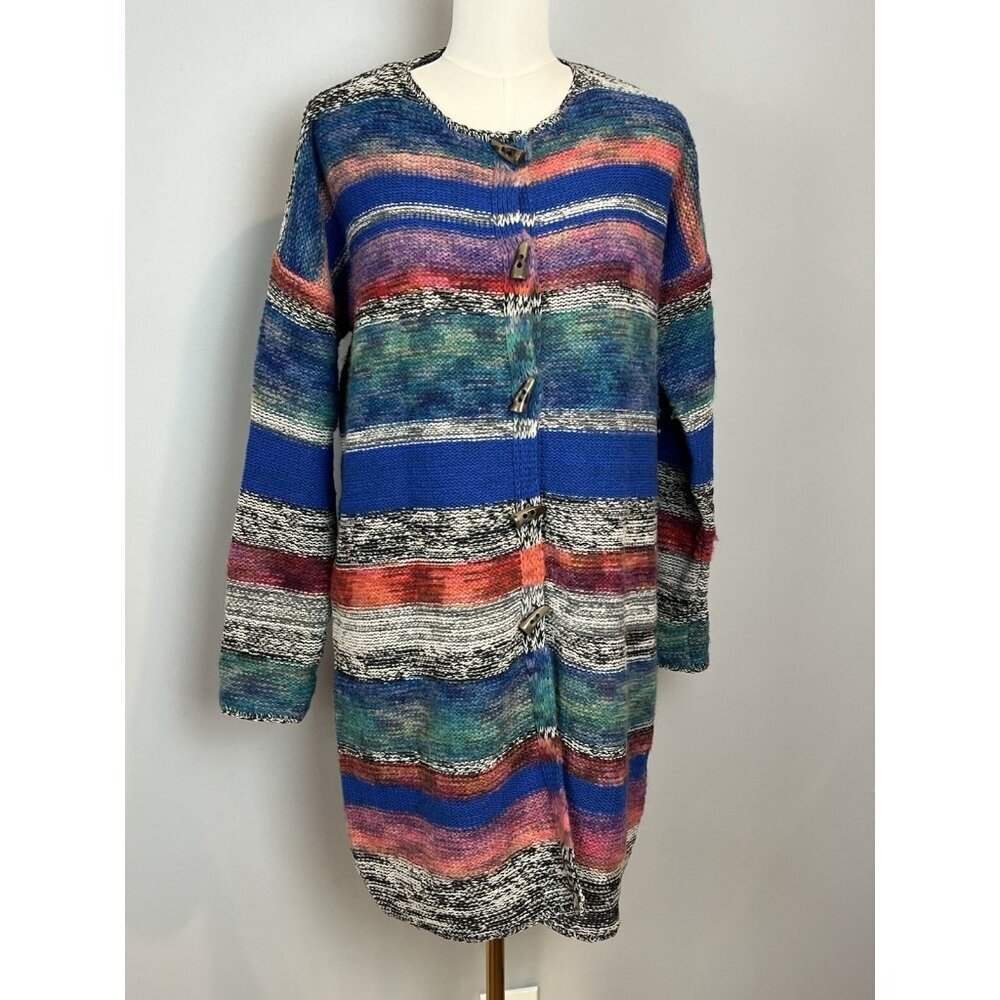 Sundance Women’s M Duster Cardigan Merino Wool Blend Striped Horn Toggle Topper